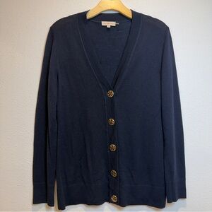 Tory Burch Dark Blue Cardigan with Gold Buttons Size L 100% Merino Wool